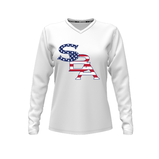 [CUS-DFW-TEES-CMF-VNK-LSL-WHT-FYXS-LOGO1] Decker Comfort T-Shirt (Female Youth XS, White, V Neck, Logo 1, Long Sleeve)